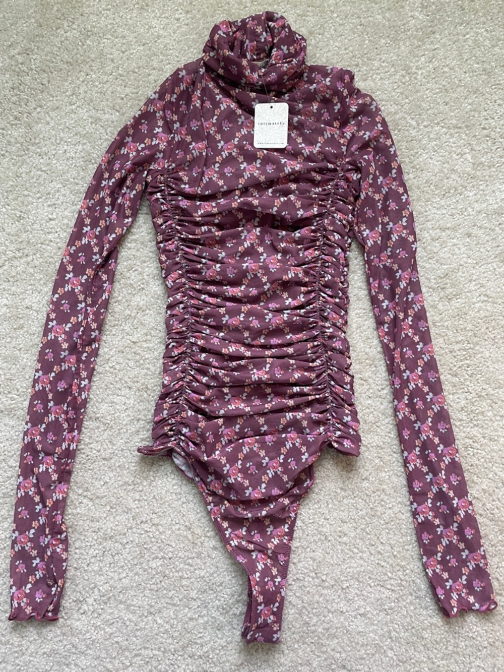 Intimately by Free People Floral Ruched Long-Sleeve Mesh Bodysuit
